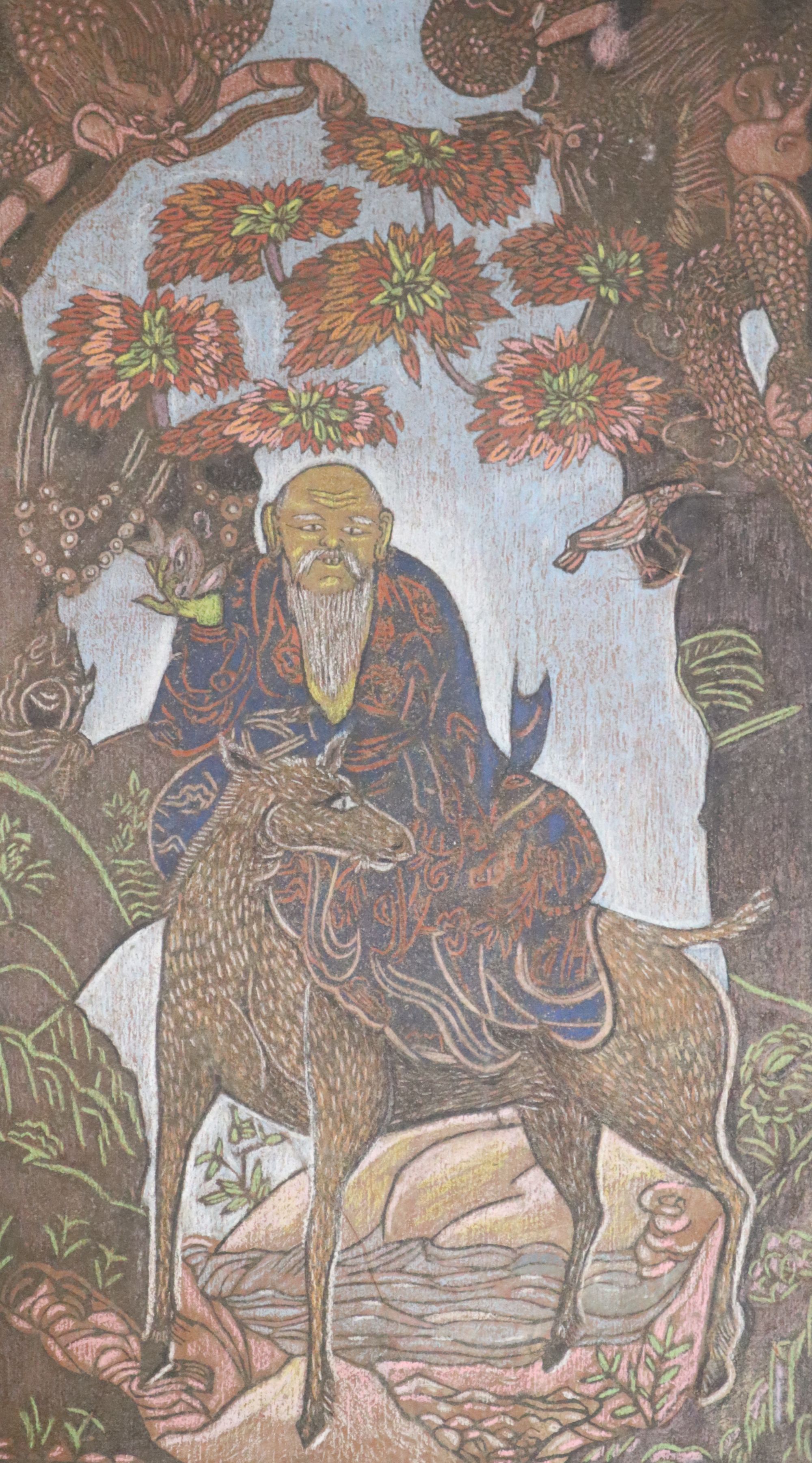 Early 20th century English School, tempera on board, Chinese sage riding a deer, unsigned, 48 x 31cm